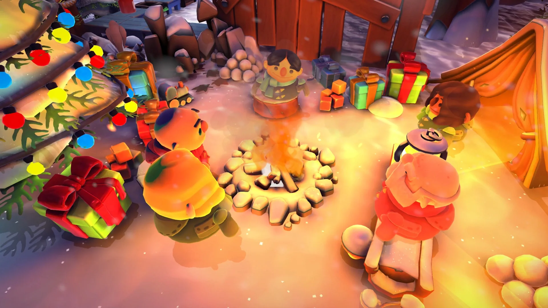Overcooked 2 chefs gathered around a winter campfire