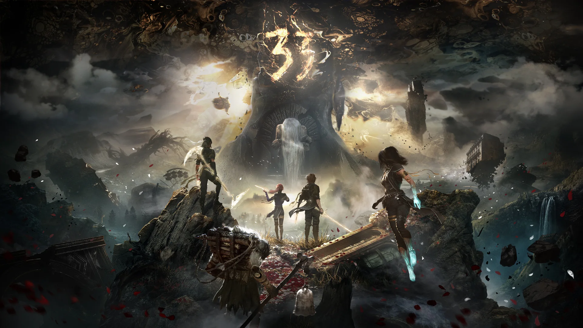 Members of Expedition 33 face a towering figure beneath a glowing 33 in official game artwork