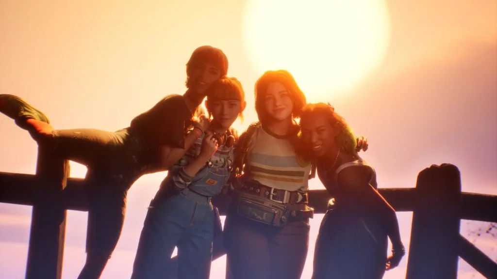 Four teenage friends pose together at sunset in Lost Records: Bloom & Rage