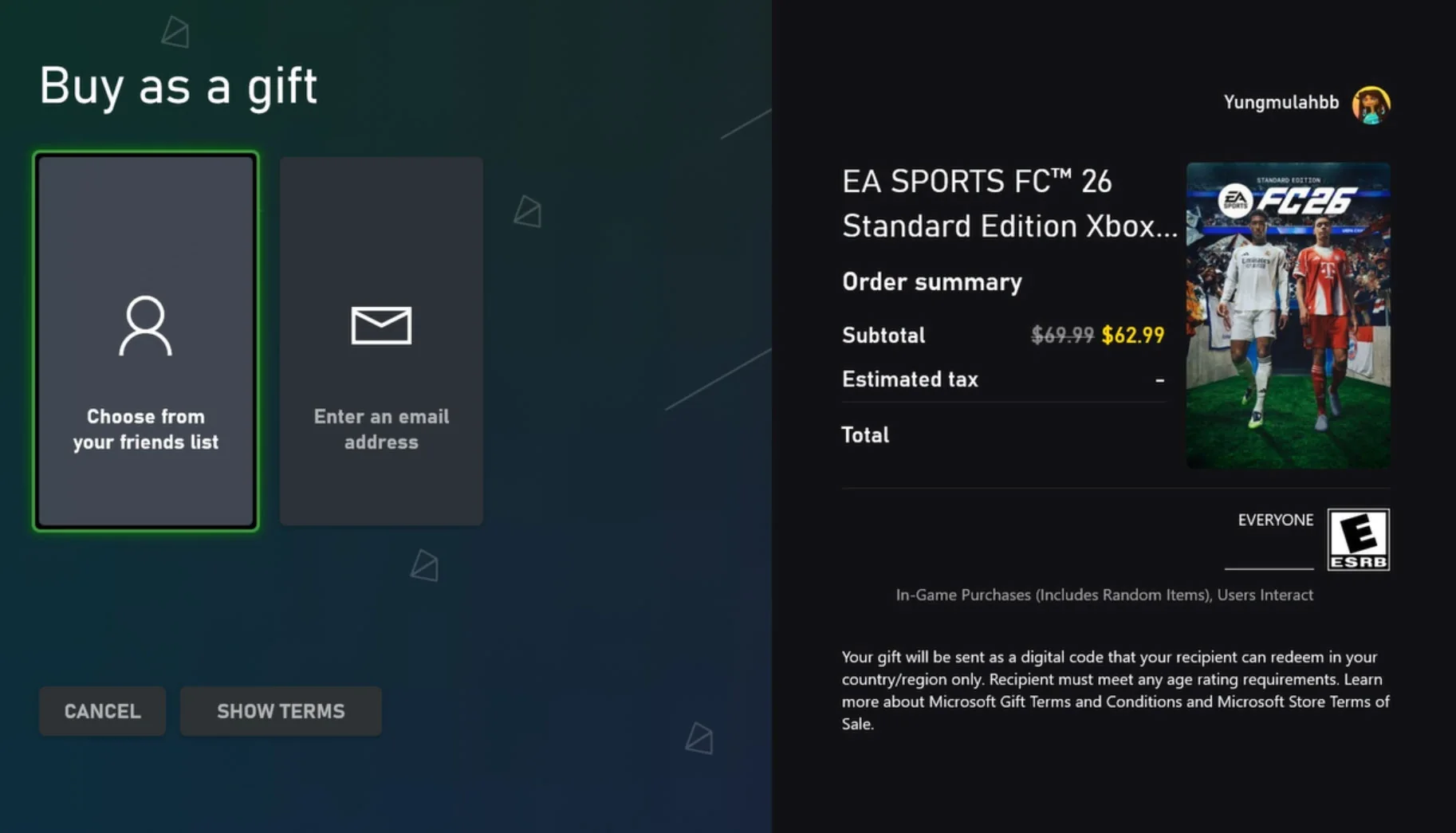 Official Xbox digital gifting interface for selecting a recipient
