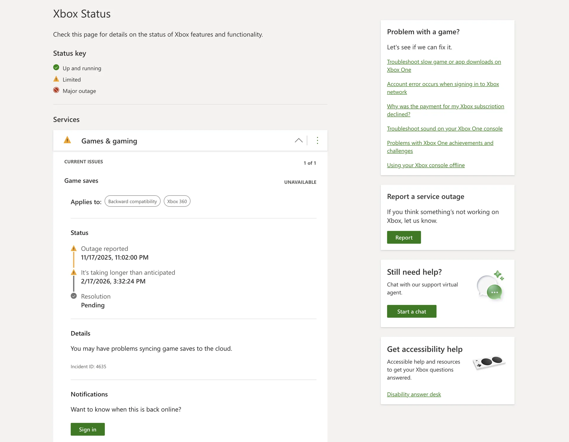 Xbox service status screen showing how a dated incident is reported