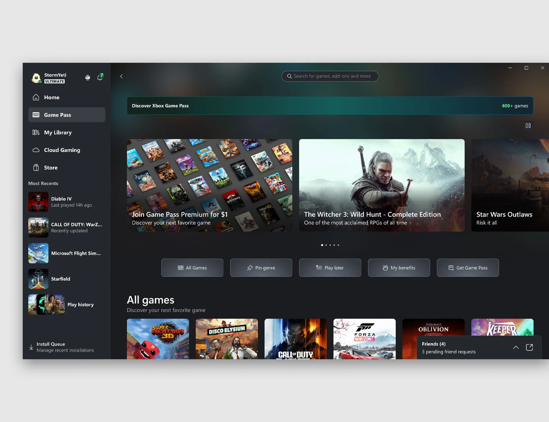 Official Xbox PC app interface used to find and launch cloud gaming on Windows