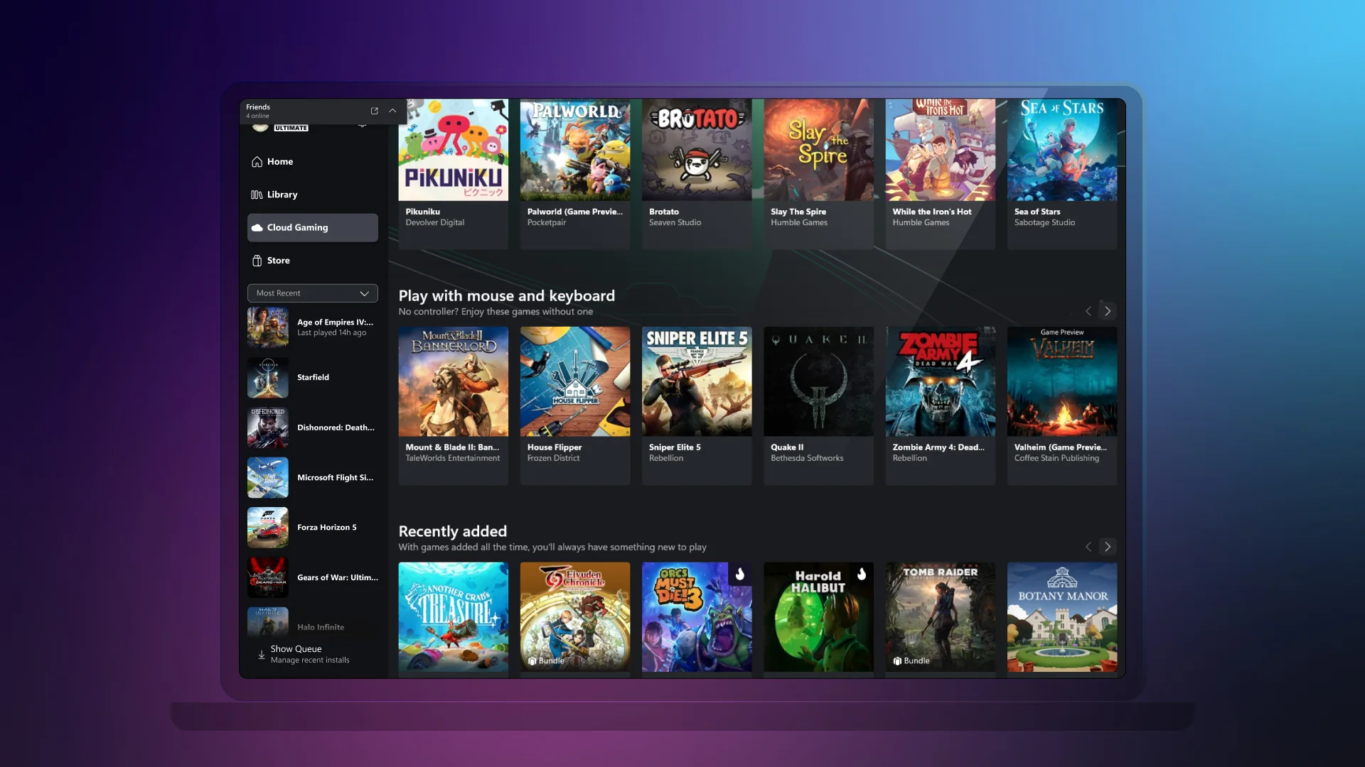 Xbox Cloud Gaming interface demonstrating mouse and keyboard support in a browser