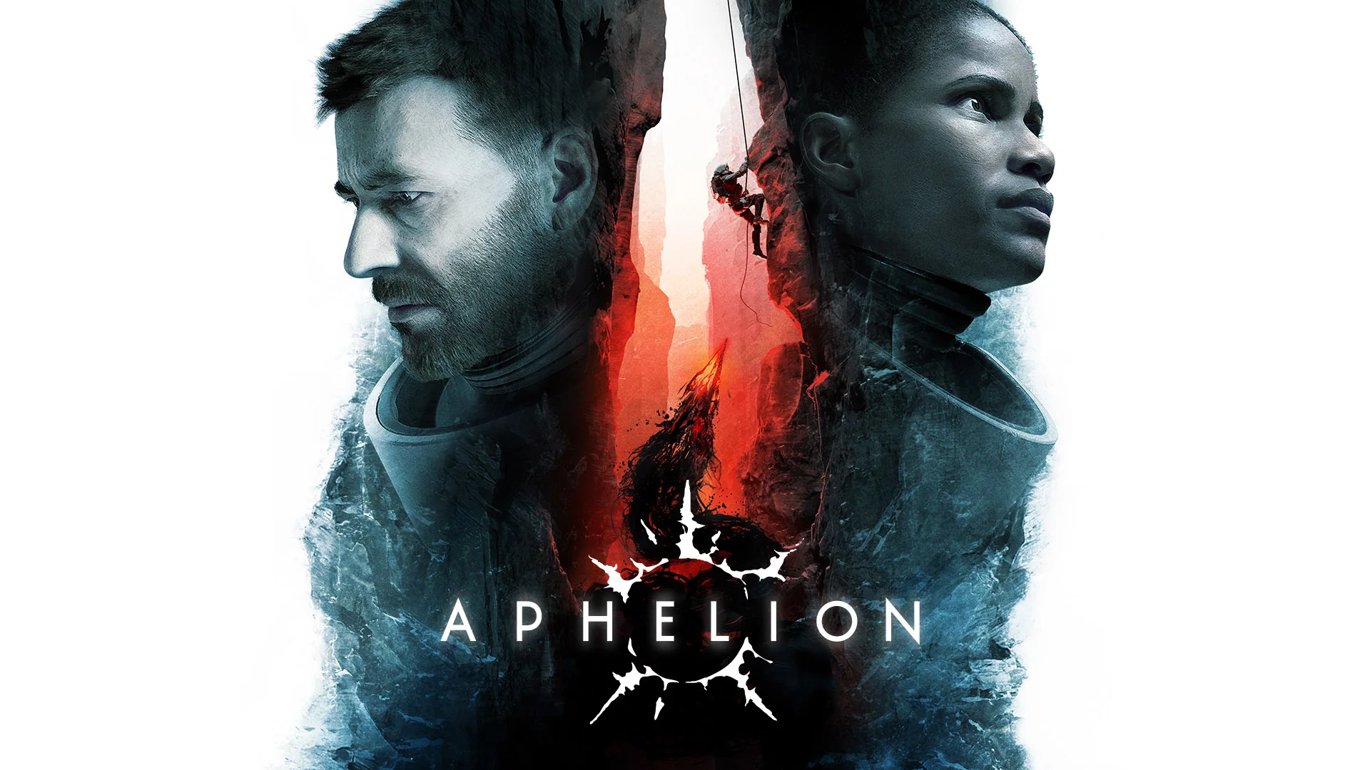 Aphelion key art with two astronaut portraits and a climber over an alien chasm